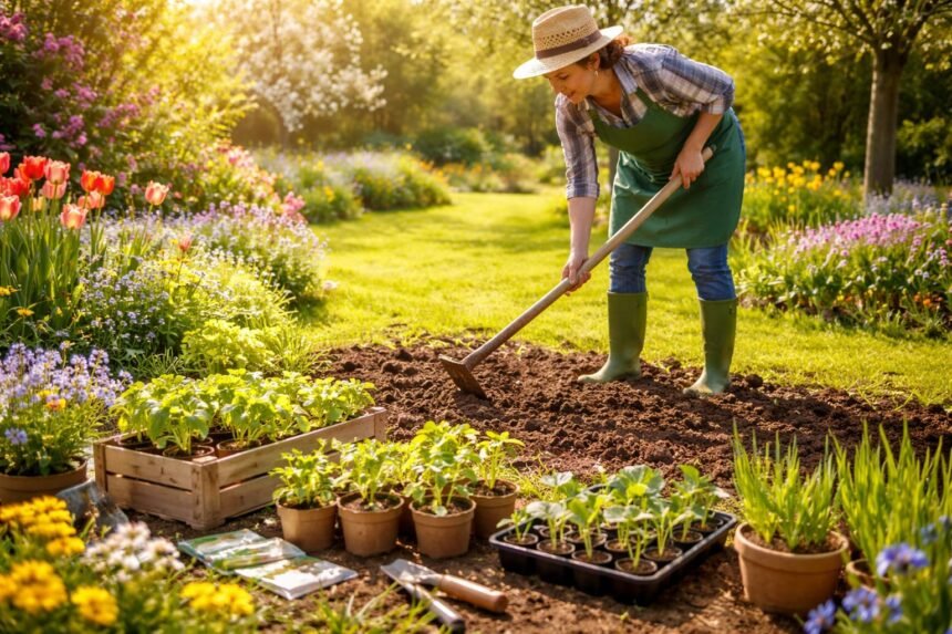Frühlingsgarten mit frischem Boden, jungen Pflanzen, Mulch und grünem Rasen