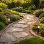 Gartenweg aus Kies und Platten führt durch gepflegten Garten mit Beet und Sitzbereich