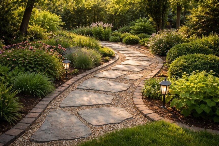 Gartenweg aus Kies und Platten führt durch gepflegten Garten mit Beet und Sitzbereich