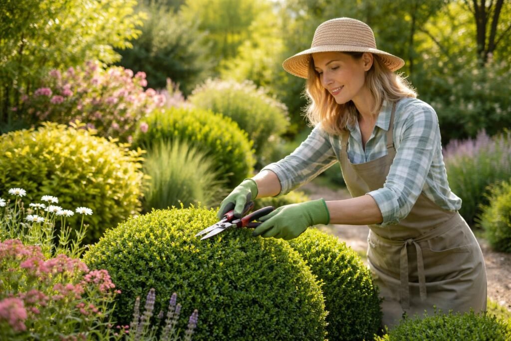 - Gartenpfleger schneidet Gehölze und Stauden sorgfältig im Frühjahr und formt sie präzise.