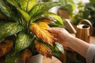 Gelb verfärbte Dieffenbachia-Blätter zeigen Pflegebedarf und Stress durch Standort, Wasser und Pflegefehler