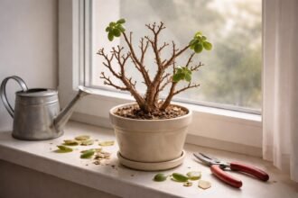 Geldbaum verliert Blätter, kahler Stamm, steht in Wohnzimmer unter Pflegeproblemen.