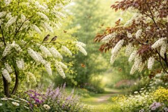Zwei Traubenkirschen im Frühlingslicht: Gemeine und Spätblühende Art im Garten.