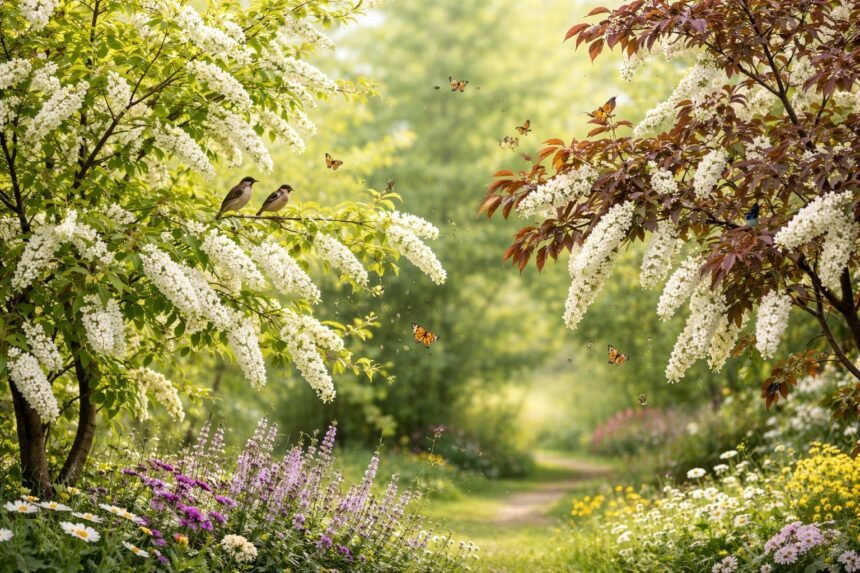 Zwei Traubenkirschen im Frühlingslicht: Gemeine und Spätblühende Art im Garten.