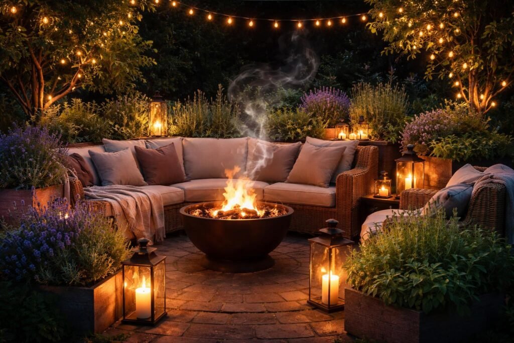 - Duftender Nachtsitzplatz mit Kerzen, Kräutern, Lavendel, Laternen, warmem Licht, Flüstern des Windes