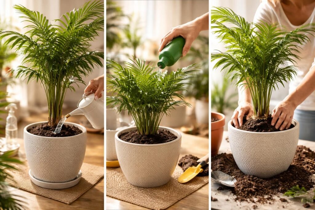 Goldfruchtpalme, Dypsis lutescens - Pflege-Tipps Goldfruchtpalme im Wohnzimmer; Gießen, Düngen und Umtopfen fördern kontinuierliche Vitalität.