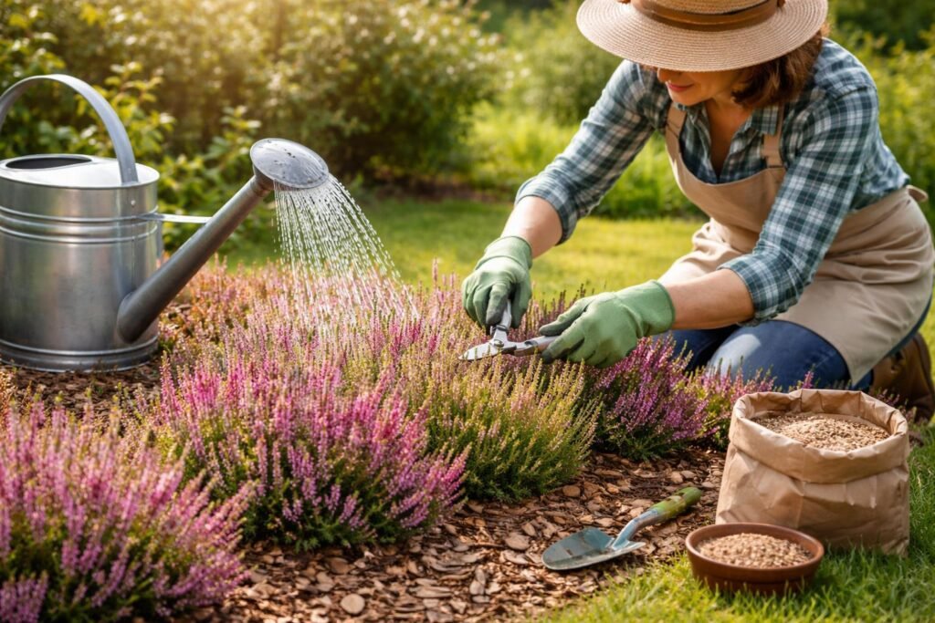 - Gießen, Düngen und Rückschnitt sichern Vitalität der Besenheide im Winter
