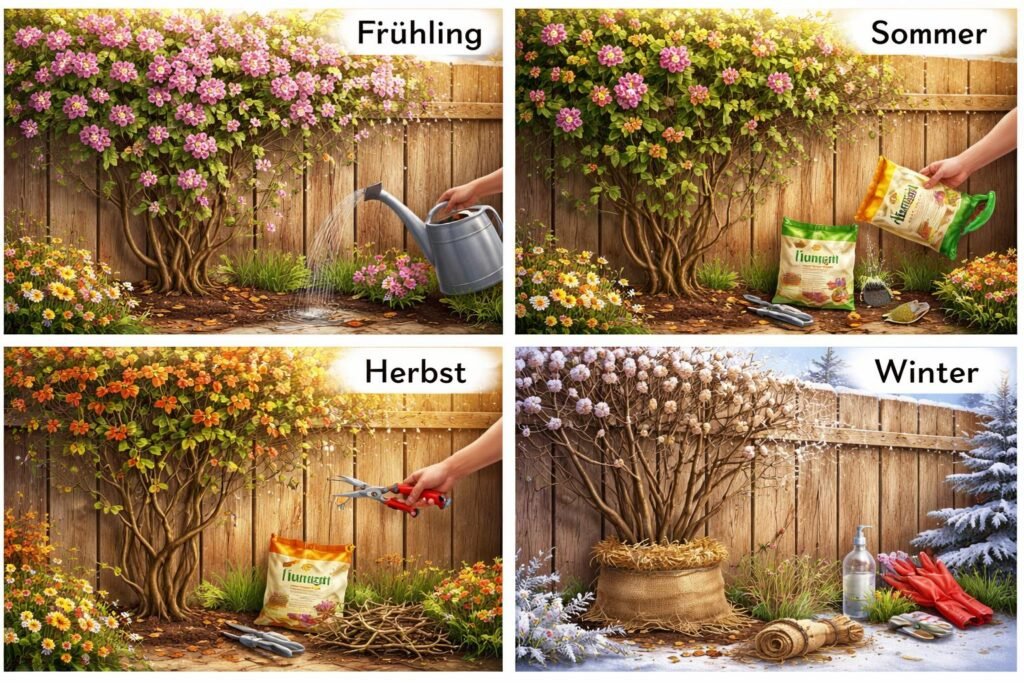 Schlingknöterich am Rankgitter – Gießen, Düngen und Schnitt im Jahresverlauf anschaulich dargestellt