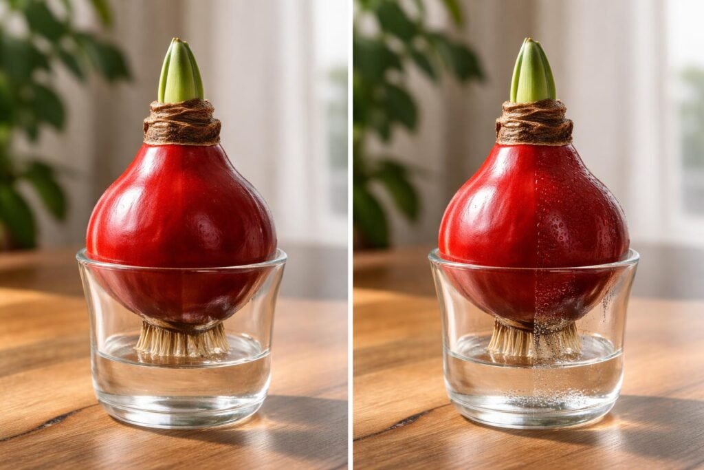 Eine Amaryllis in Wachs, dargestellt bei der detaillierten Pflege-Entscheidung über Gießen