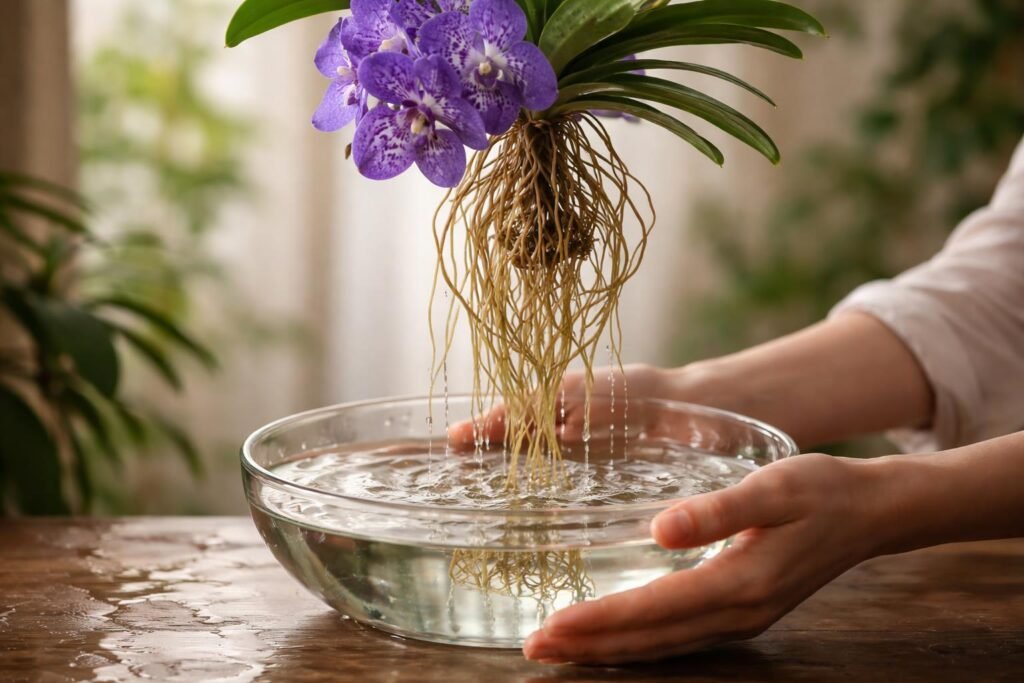 Hängende Vanda-Orchideen aufhängen: so gelingt es | Pflege-ABC Vanda-Orchideen in Hängekorb, Gießen und Tauchen der Wurzeln anschaulich demonstriert