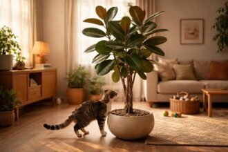 Gummibaum im Wohnzimmer; neugierige Katze schnuppert Blätter, Kind schaut interessiert zu.