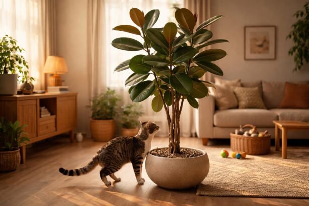 Gummibaum im Wohnzimmer; neugierige Katze schnuppert Blätter, Kind schaut interessiert zu.