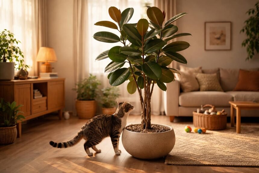 Gummibaum im Wohnzimmer; neugierige Katze schnuppert Blätter, Kind schaut interessiert zu.