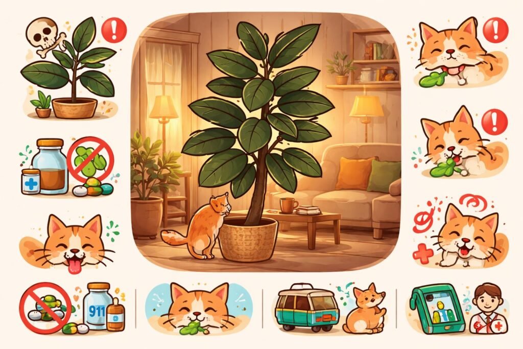Gummibaum: Ist er giftig für Katzen und Kinder? Gummibaum neben neugieriger Katze in Wohnraum, Risiken und Symptome sichtbar