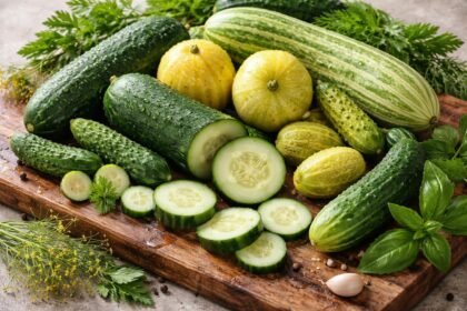 - Vielfältige Gurkenarten in bunten Formen, Größen und Farben, frisch und einladend