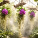 Hängende Vanda-Orchideen mit Luftwurzeln und farbenprächtigen Blüten im Zimmer sichtbar.