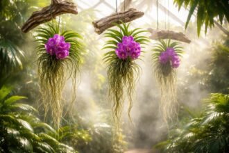 Hängende Vanda-Orchideen mit Luftwurzeln und farbenprächtigen Blüten im Zimmer sichtbar.