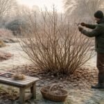 Nahaufnahme eines Haselnussstrauchs, der im Februar fachgerecht geschnitten wird, sichtbar.