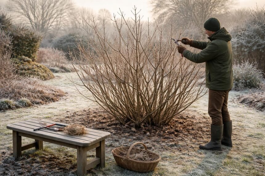 Nahaufnahme eines Haselnussstrauchs, der im Februar fachgerecht geschnitten wird, sichtbar.