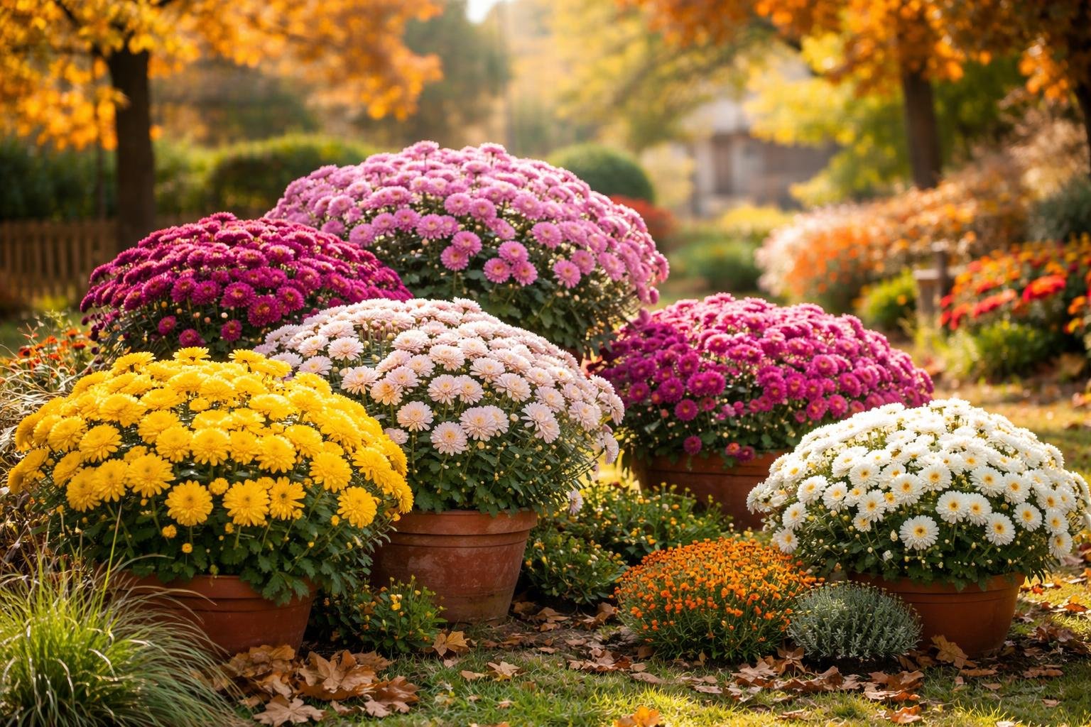Bunte Herbst-Chrysanthemen in Töpfen, umgeben von herbstlichen Pflanzen.