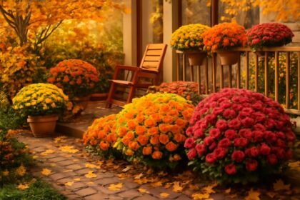 Őszi krizantémák virágzását bemutató rendezett kert és erkélyes színes kompozíciók