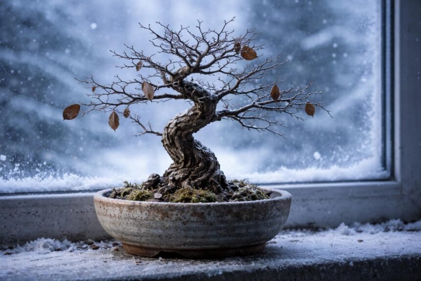 Winterszene mit Bonsai, kahle Äste und ruhender Baum nach Blattverlust