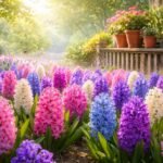 Hyazinthen verströmen süßen Duft im Frühling, farbenfrohes Beet voller Blüten