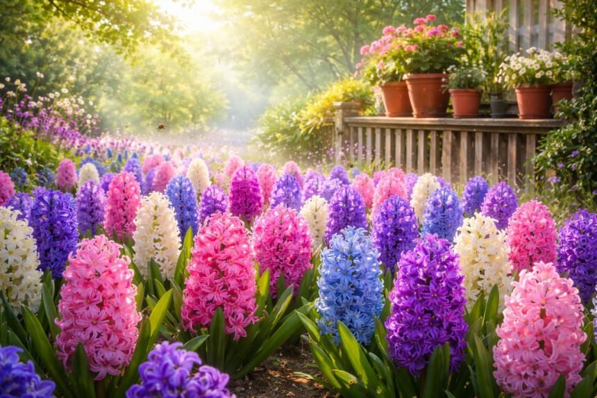 Hyazinthen verströmen süßen Duft im Frühling, farbenfrohes Beet voller Blüten