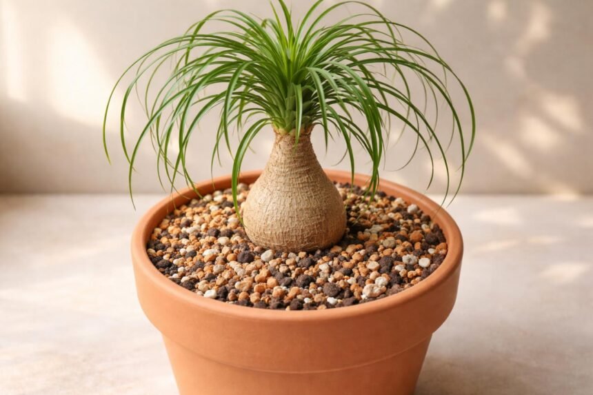 Beaucarnea recurvata im Blumentopf mit Trockensubstrat aus Kakteenerde und Seramis für Wurzelgesundheit