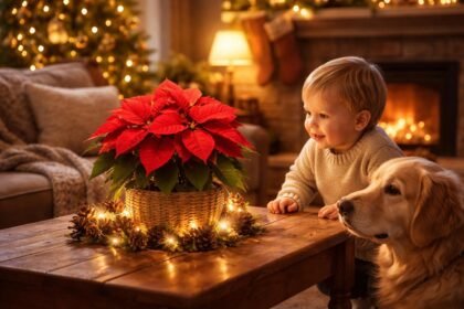 Eine bunte Adventslandschaft mit Weihnachtsstern, Kind beobachtet vorsichtig die Pflanze.