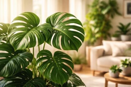 Große Monstera deliciosa Blätter im Wohnzimmer, giftige Pflanze? Sicherheitstipps für Familien.