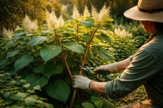 Japanischer Staudenknöterich mit großen herzförmigen Blättern im Gartenbeet, grünem Hintergrund, sonnig