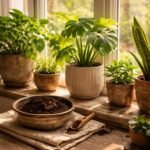 Kaffeesatz auf der Erde eines Blumentopfes für Zimmerpflanzen als Dünger.