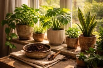 Kaffeesatz auf der Erde eines Blumentopfes für Zimmerpflanzen als Dünger.