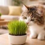 Eine Schale Katzengras auf hellem Tisch, Katze schnuppert neugierig daran, freundlich beleuchtet