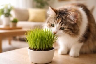 Eine Schale Katzengras auf hellem Tisch, Katze schnuppert neugierig daran, freundlich beleuchtet