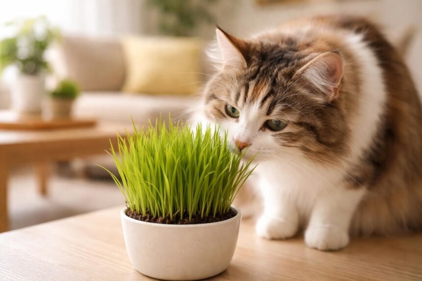 Eine Schale Katzengras auf hellem Tisch, Katze schnuppert neugierig daran, freundlich beleuchtet