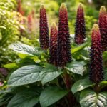 - Kräftiges Laub, dunkle Beeren, aufrechte Blütenkerzen, exotische, robuste Staude und im Garten