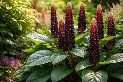 - Kräftiges Laub, dunkle Beeren, aufrechte Blütenkerzen, exotische, robuste Staude und im Garten