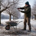 Spätwinterlicher Kirschbaum, Gartenschere in der Hand, Vorbereitung für ertragreiche Ernte.
