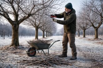 Spätwinterlicher Kirschbaum, Gartenschere in der Hand, Vorbereitung für ertragreiche Ernte.