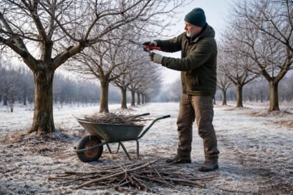 Spätwinterlicher Kirschbaum, Gartenschere in der Hand, Vorbereitung für ertragreiche Ernte.