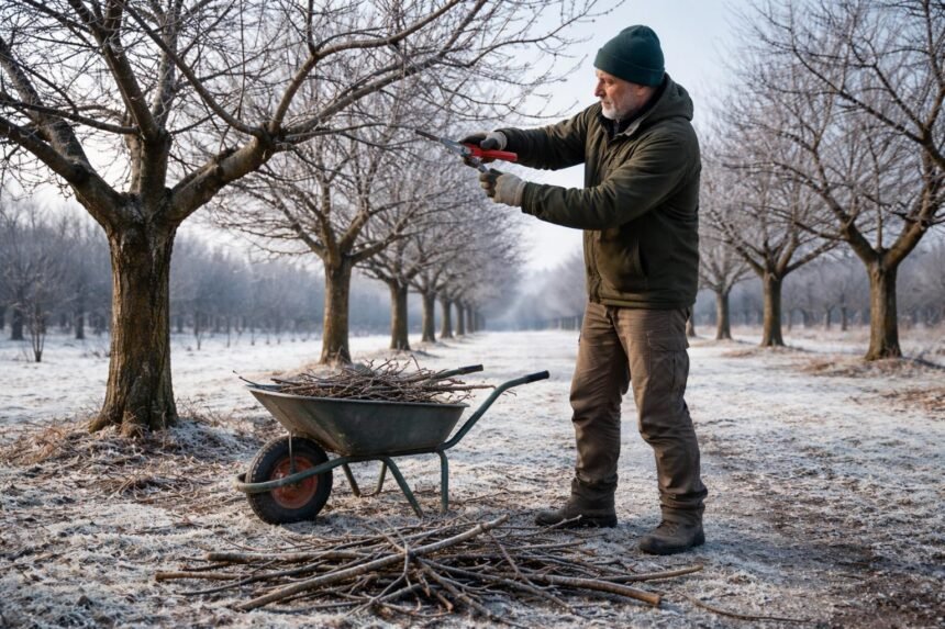 Spätwinterlicher Kirschbaum, Gartenschere in der Hand, Vorbereitung für ertragreiche Ernte.