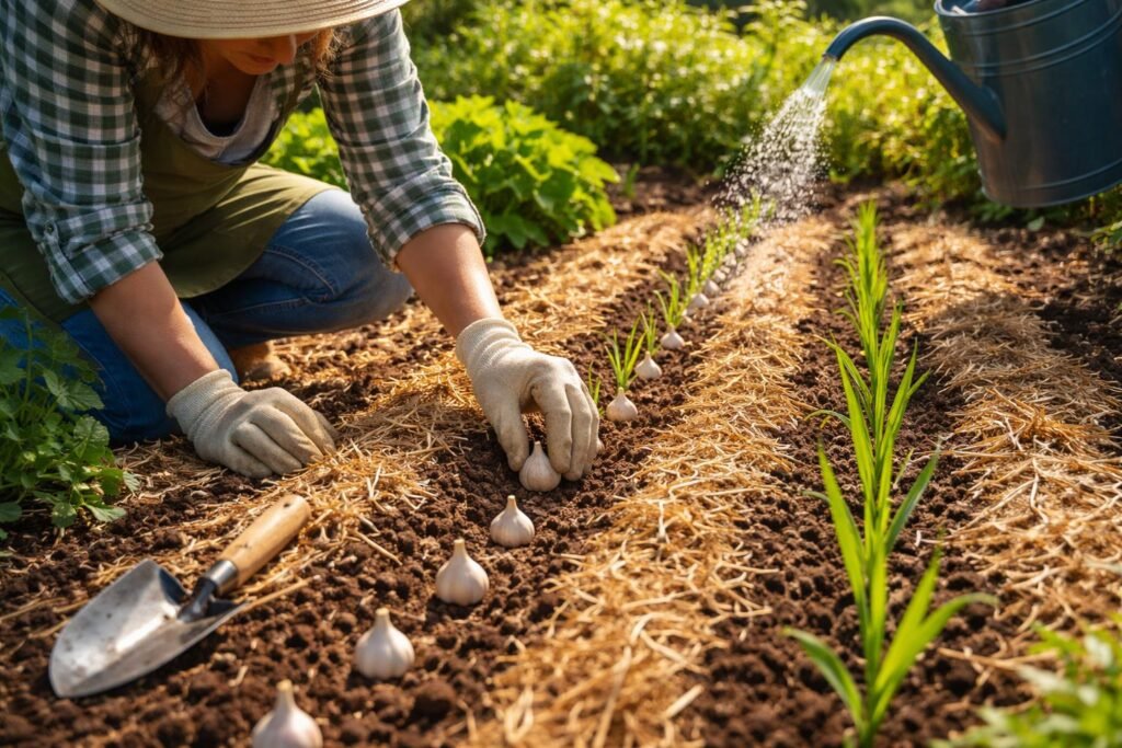 - Knoblauchzehen in Reihen setzen, richtig gießen, pflegen, und bald ernten.