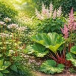 Vielgestaltige Polygonaceae-Arten im Garten mit Blättern, Blüten, Ranken und Früchten