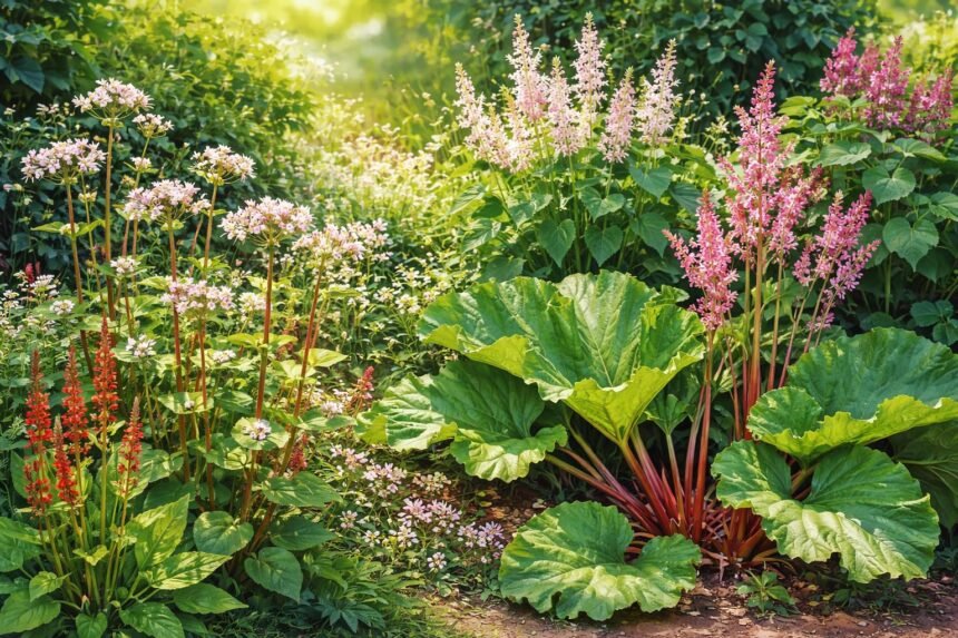 Vielgestaltige Polygonaceae-Arten im Garten mit Blättern, Blüten, Ranken und Früchten