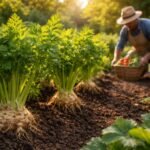 Bunte Sellerieknollen und Stangen, frisch geerntet im Garten, leuchtend und duftend im Abendlicht