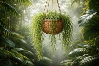 Hängender Korallenkaktus mit korallenartigen verzweigten Trieben im Wohnzimmer unter sanftem Licht