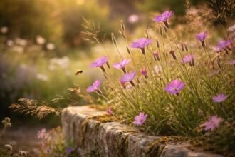 Purpurrosa Kornrade im Beet, schlanke Statur, historischer Bauerngartencharme und wildromantischer Anmut