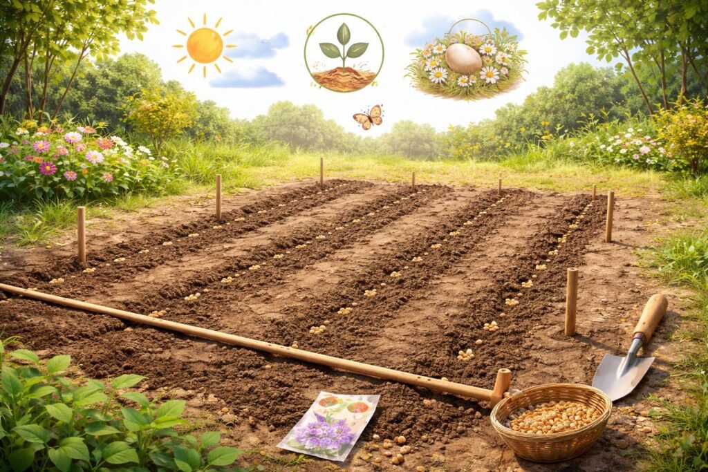 Kornrade-Saat auf lockerer Erde, Abstand beachten, Sonnenlicht bevorzugt, regelmäßige Feuchtigkeit